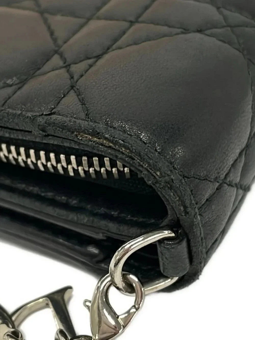 DIOR/ChristianDior Lady Dior Black Silver Leather Hardware Bifold Wallet